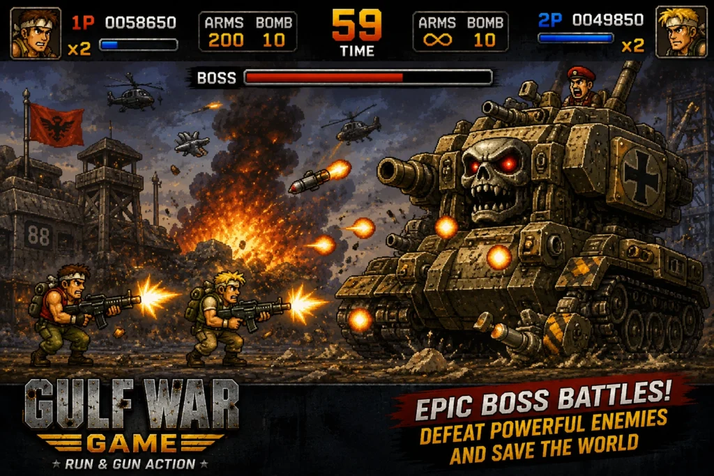 Gulf War Game boss fight gameplay on PC with giant armored tank and enemy battle