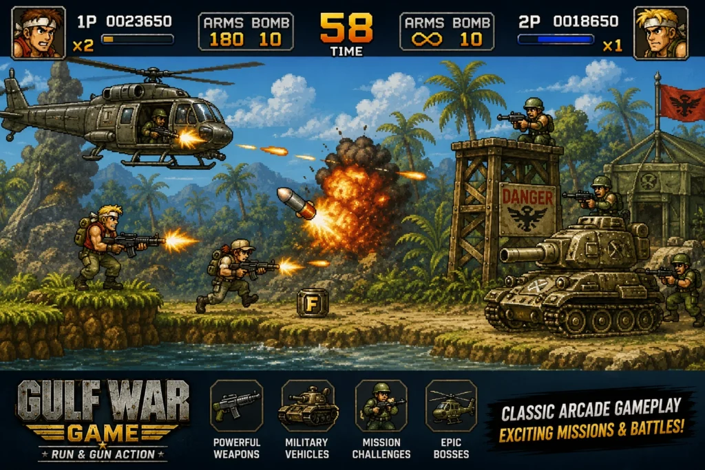 Gulf War Game gameplay screenshot for PC showing combat, tanks, and helicopters