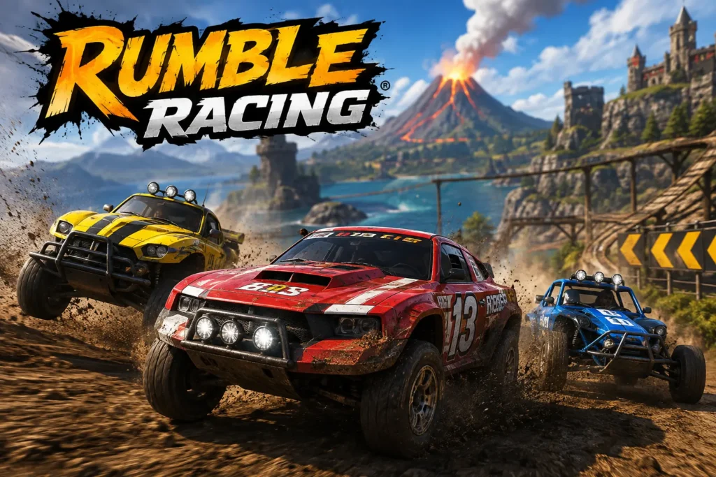 لقطات من أسلوب اللعب في لعبة Rumble Racing للكمبيوتر التي تتضمن سيارات سباق
