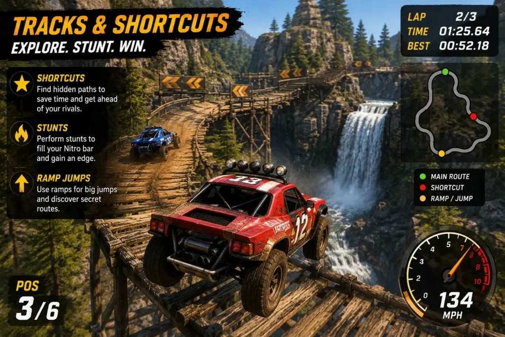 طريقة اللعب في مسارات ومختصرات لعبة Rumble Racing